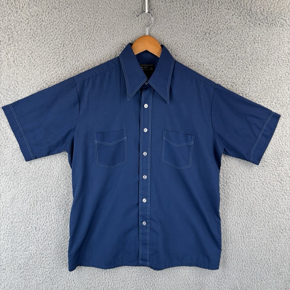 Vintage 70s Montgomery Ward Shirt Mens Large Blue No‎ Iron Short Sleeve Disco